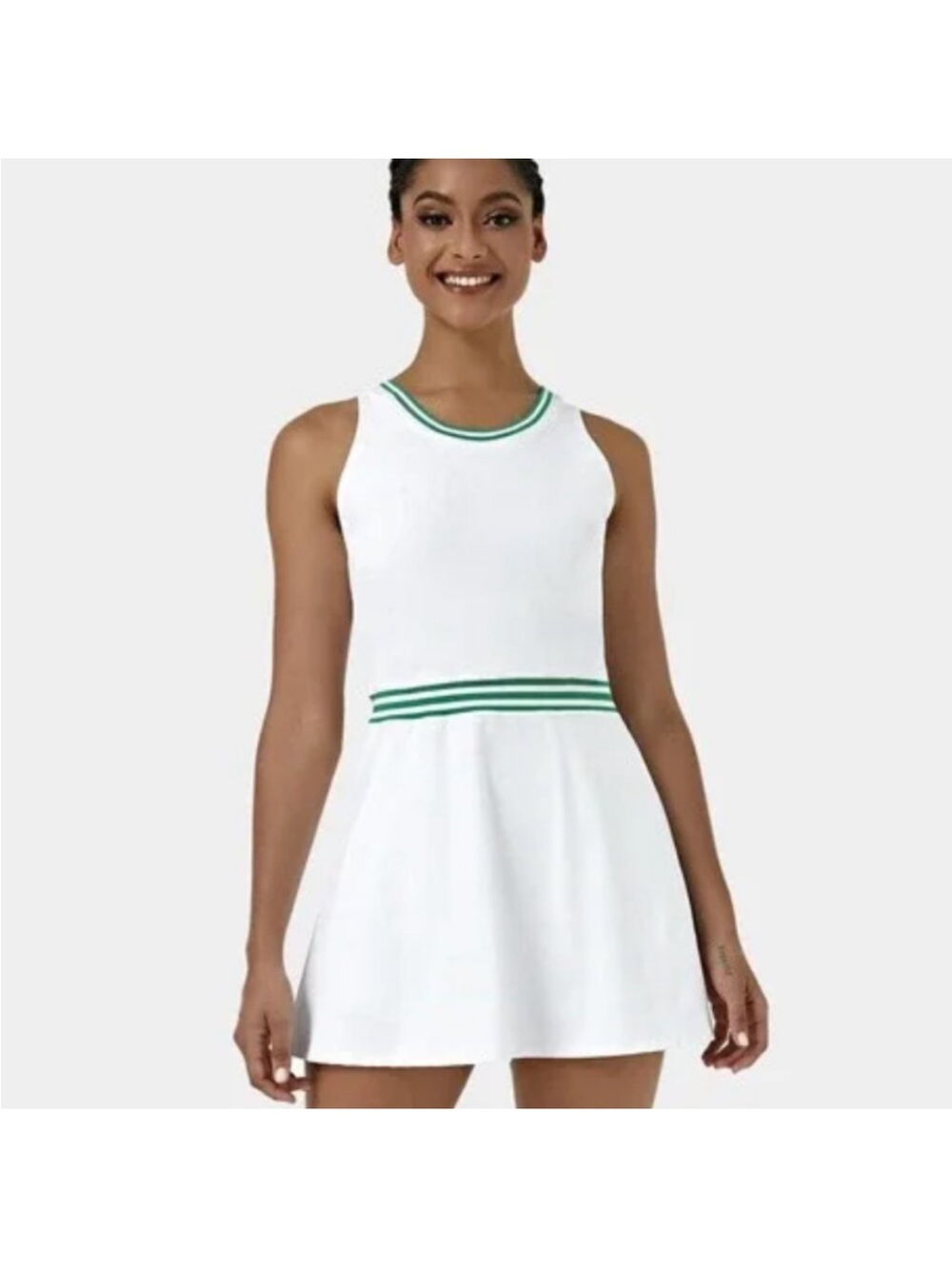 HALARA White Mini Dress with Green Trim